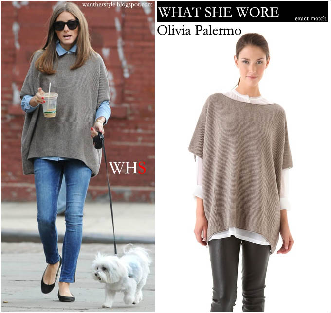 WHAT SHE WORE: Olivia Palermo in tan oversized poncho and blue ...